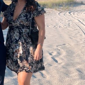 SHEIN Plus Frill Trim Lace Up Back Cut Out Waist Floral Dress